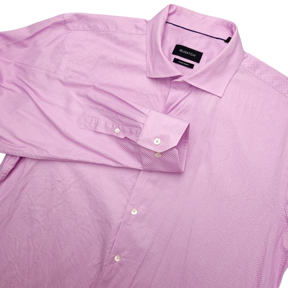 BUGATCHI Dress Shirt Mens 17 34/35 Pink Polka Dot Classic Fit Cotton Stretch